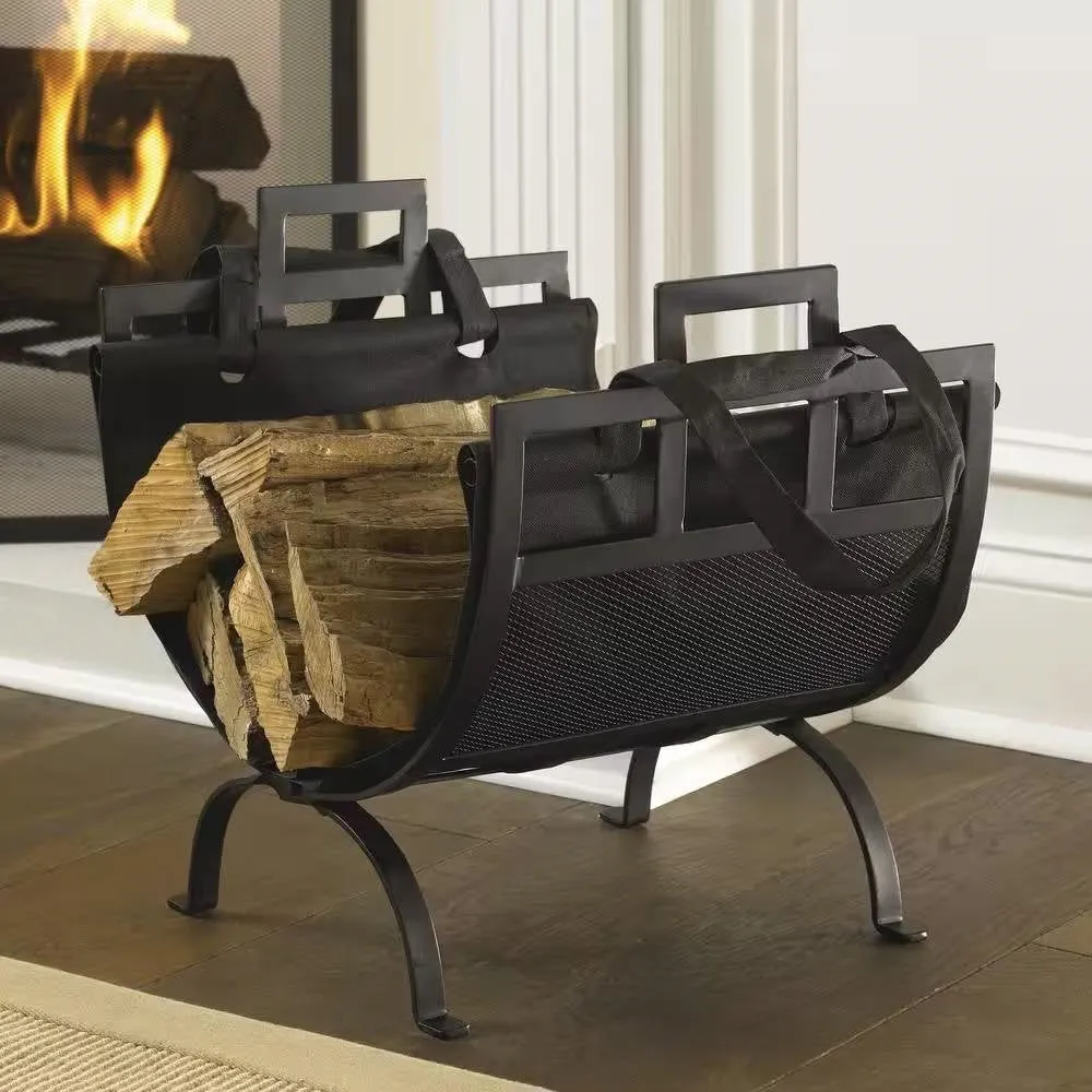 17-inch Black Metal Firewood Log Rack with Removable Canvas Tote