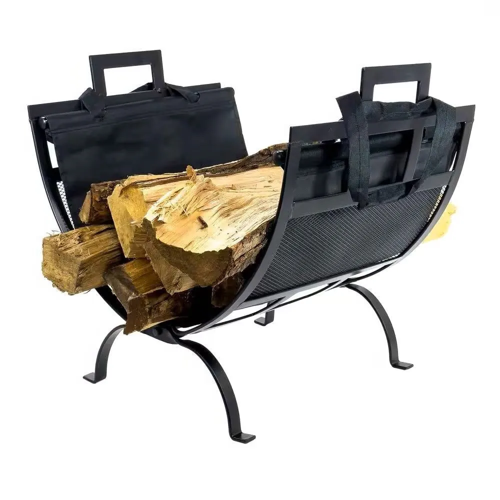 17-inch Black Metal Firewood Log Rack with Removable Canvas Tote