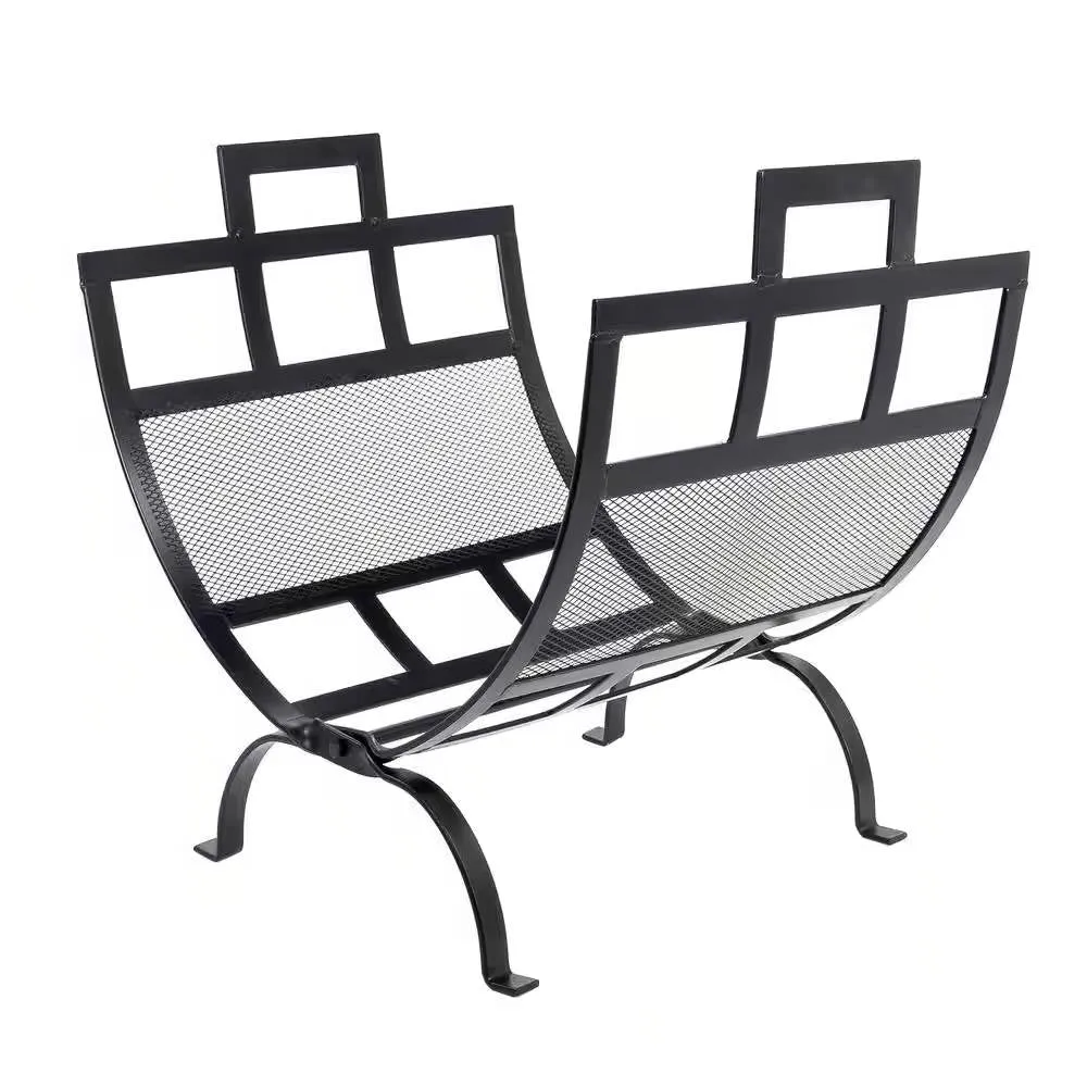 17-inch Black Metal Firewood Log Rack with Removable Canvas Tote