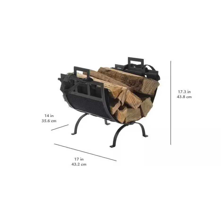 17-inch Black Metal Firewood Log Rack with Removable Canvas Tote