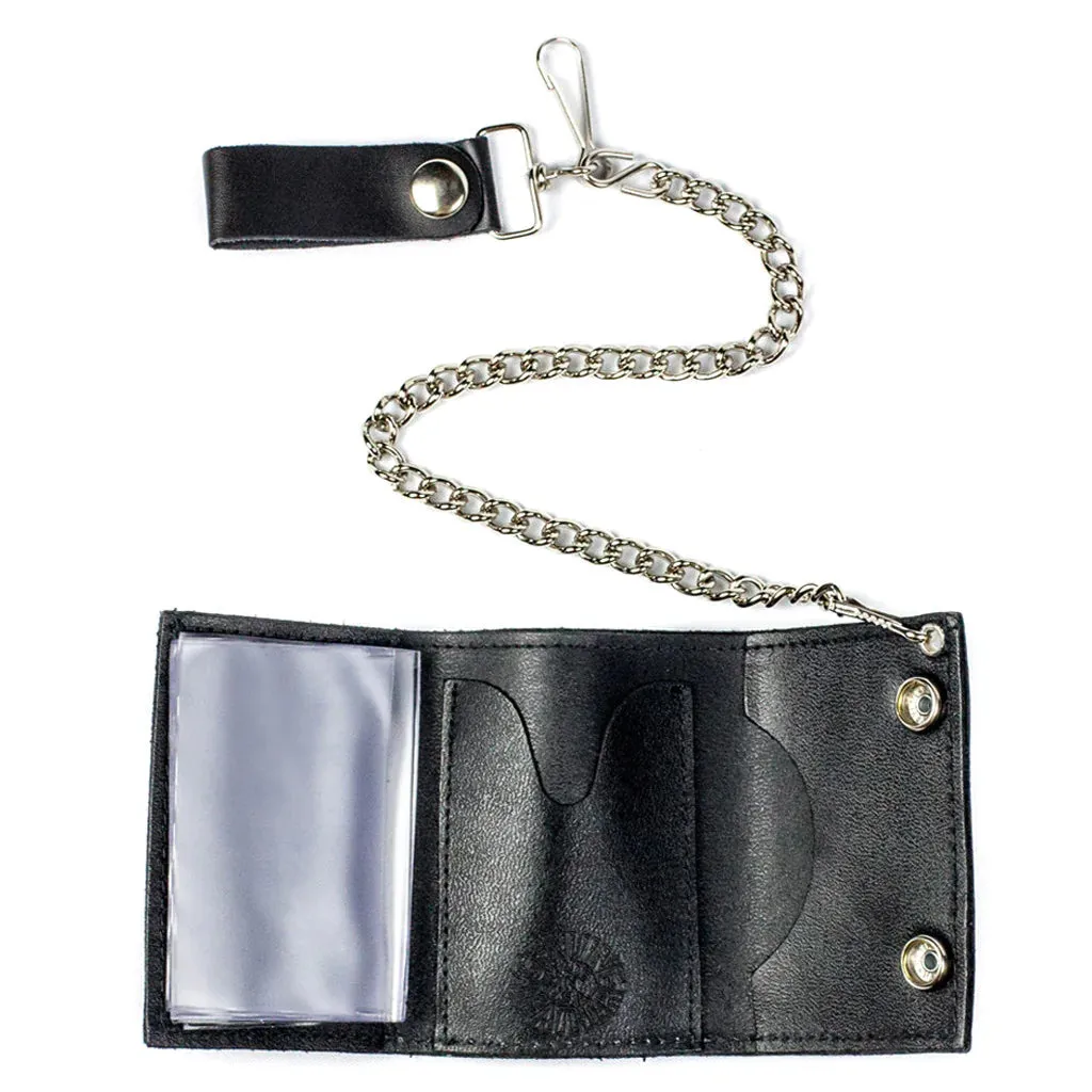 Black Leather Tri-Fold Wallet w/ White Skull and Crossbones Detail