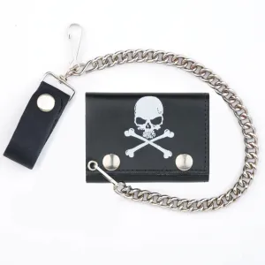 Black Leather Tri-Fold Wallet w/ White Skull and Crossbones Detail