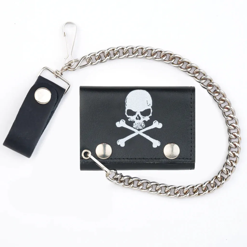 Black Leather Tri-Fold Wallet w/ White Skull and Crossbones Detail