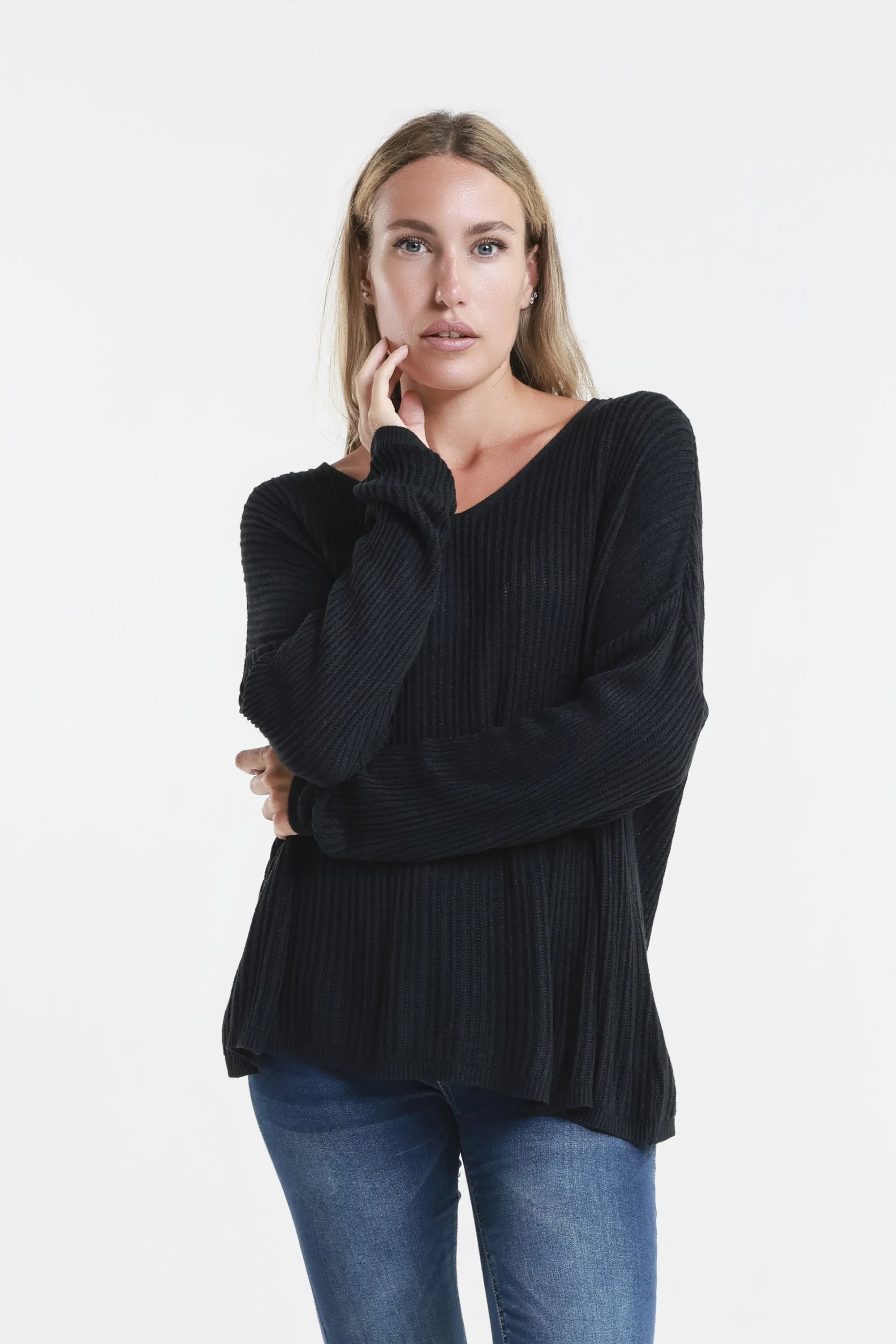 Gabrielle Seriously Soft Long Sleeve V-Neck Vertical Knit Sweater (BLS426)
