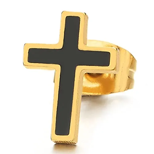 Mens Womens Stainless Steel Flat Cross Stud Earrings with Black Enamel, 2 pcs