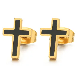 Mens Womens Stainless Steel Flat Cross Stud Earrings with Black Enamel, 2 pcs