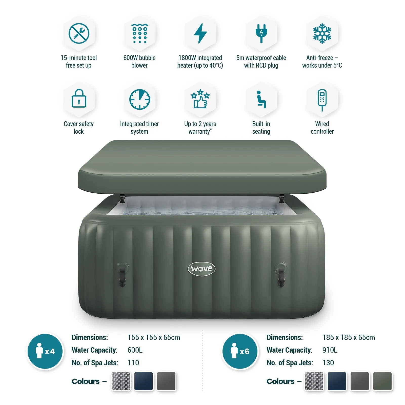 Pacific | 6-Person Inflatable Hot Tub | Integrated Heater | Sage