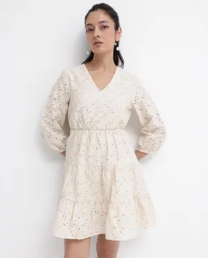 Rareism Women Mosilo Off White Zipper Closure Balloon Sleeve V-Neck Fit And Flare Plain Knee Length Dress