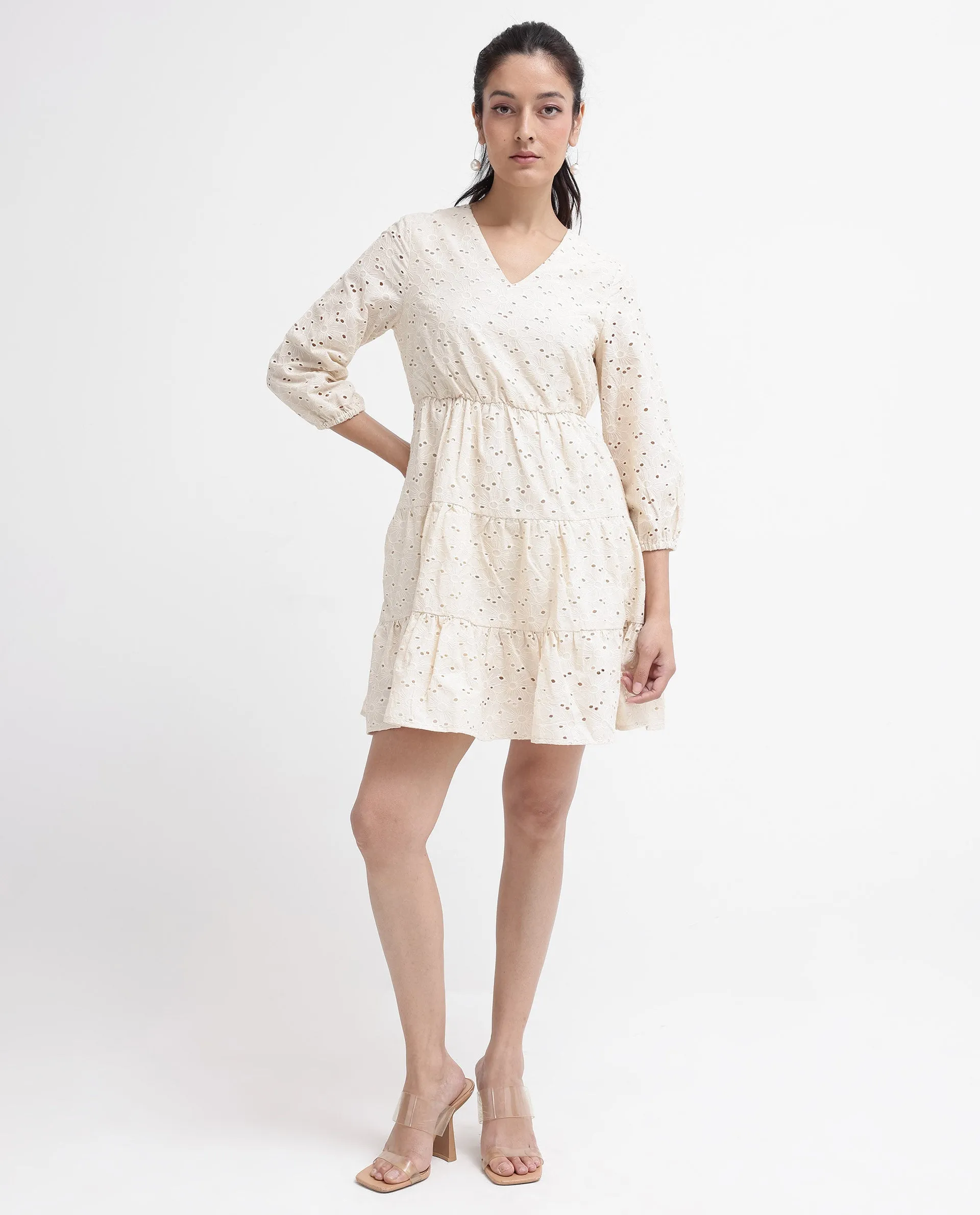 Rareism Women Mosilo Off White Zipper Closure Balloon Sleeve V-Neck Fit And Flare Plain Knee Length Dress