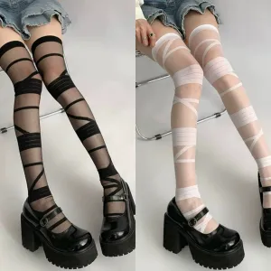 Strappy Black Over-the-Knee Stockings