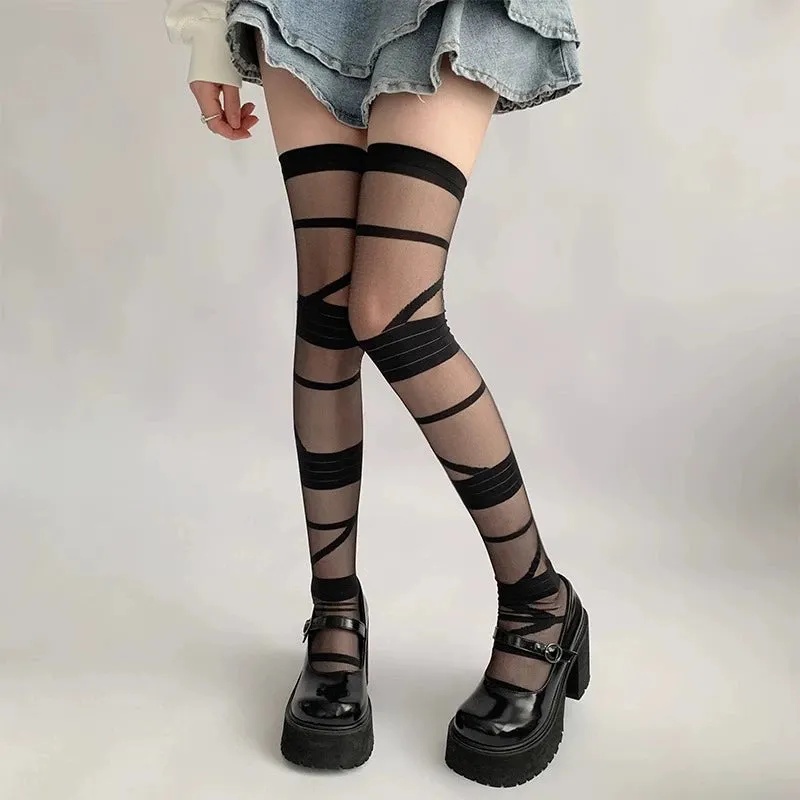 Strappy Black Over-the-Knee Stockings